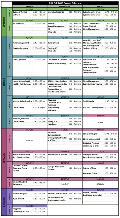 Fall 2019 PDL Course Schedule